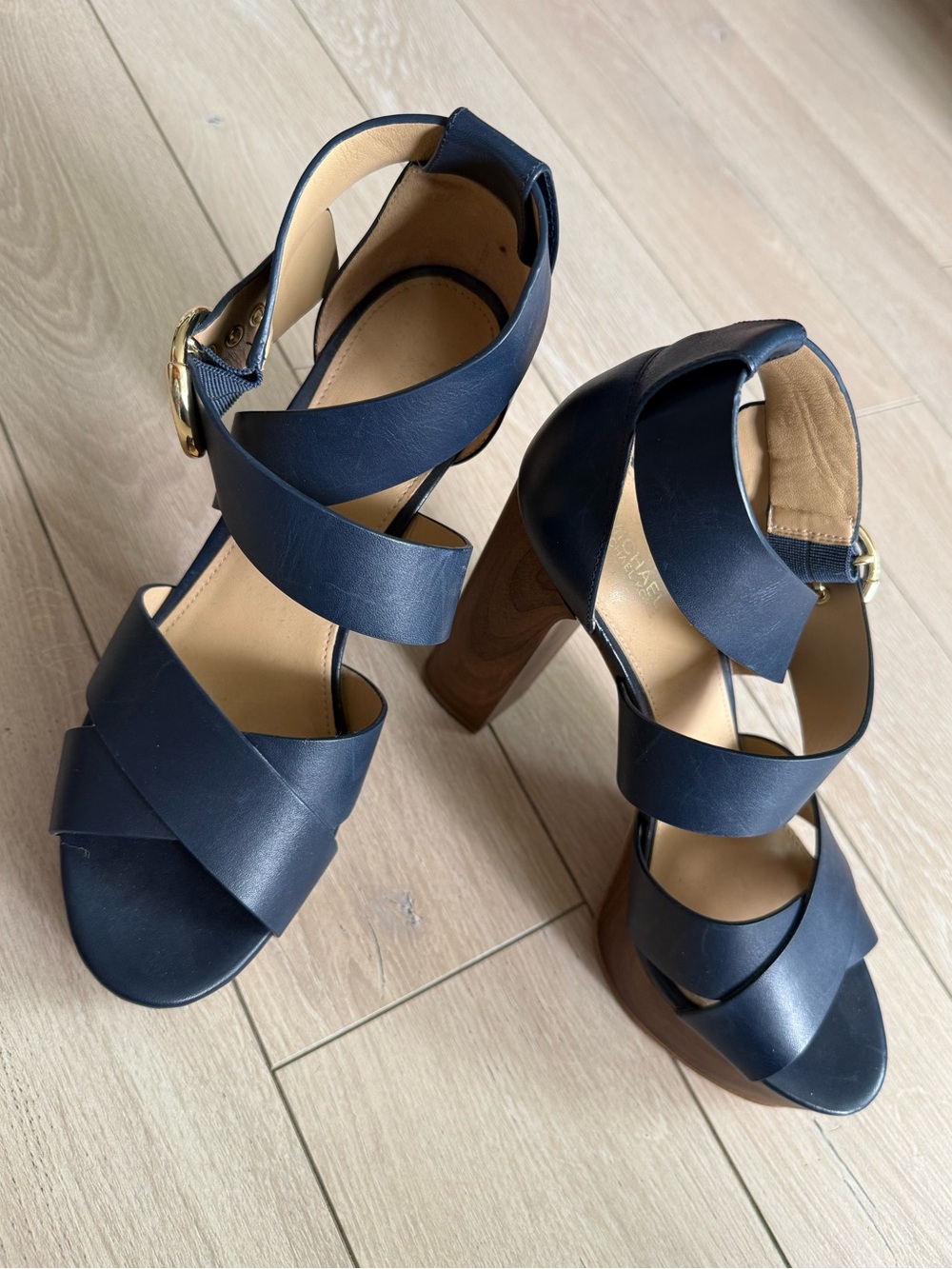 Michael Kors Leather Block Heel Sandals in Blue Women’s Size 8 Chunky Heels